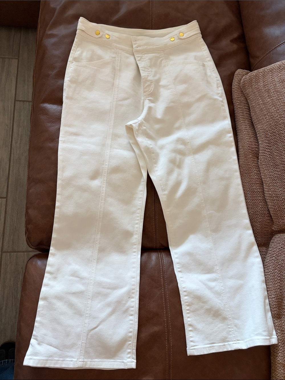 INC International Concepts Cream Wide-Leg High-Rise Jeans with Gold Buttons